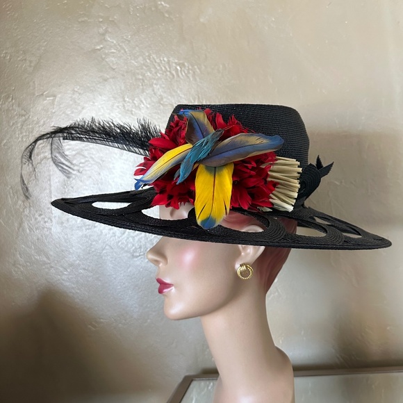 COLORFUL BLACK STRAW VINTAGE HAT + OPEN BRIM DESIGN + FABRIC FLOWERS & BUTTERFLY main image 7